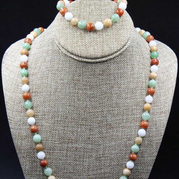 14k Natural Multicolor Jadeite Necklace and Bracelet - Picture 2 of 7
